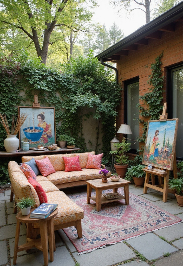 25 Outdoor Living Room Ideas That Bring Comfort Outside - 14. Artistic Retreat