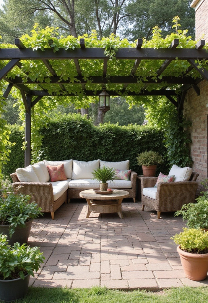 25 Outdoor Living Room Ideas That Bring Comfort Outside - 19. Charming Pergola Setup