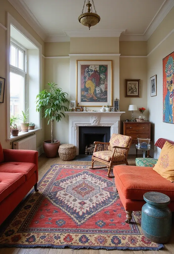 27 Carpet in Living Room Ideas That Feel Cozy and Chic - 15. Vintage Kilim Rugs for Bohemian Flair