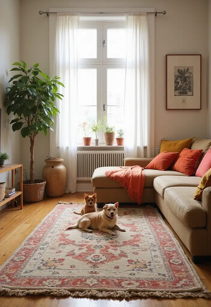 27 Carpet in Living Room Ideas That Feel Cozy and Chic - 20. Pet-Friendly Rugs for Busy Households