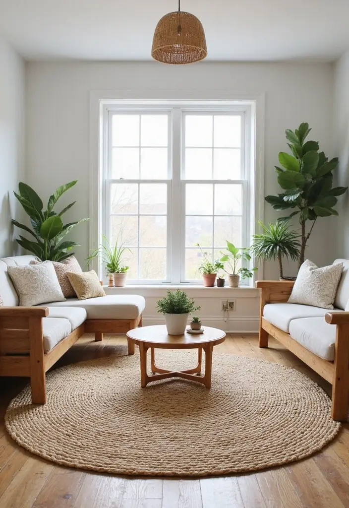 27 Carpet in Living Room Ideas That Feel Cozy and Chic - 5. Handwoven Rattan Rugs for a Coastal Feel