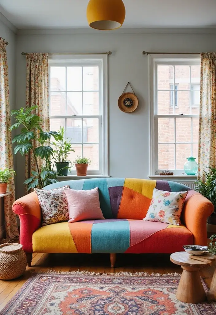 27 Couch Ideas Living Room That Combine Comfort and Style - 20. Colorful Patchwork Couch