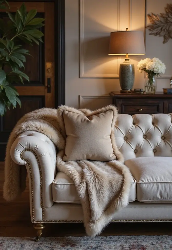 27 Couch Ideas Living Room That Combine Comfort and Style - 25. Faux Fur Accents