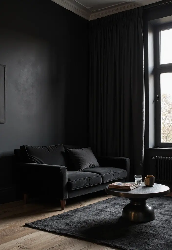 27 Goth Living Room Ideas That Feel Dark and Stylish - 1. Moody Black Walls