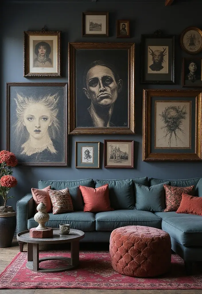 27 Goth Living Room Ideas That Feel Dark and Stylish - 11. Gothic Wall Art