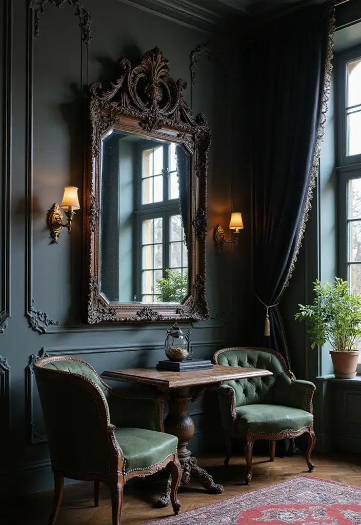 27 Goth Living Room Ideas That Feel Dark and Stylish - 14. Gothic Mirrors