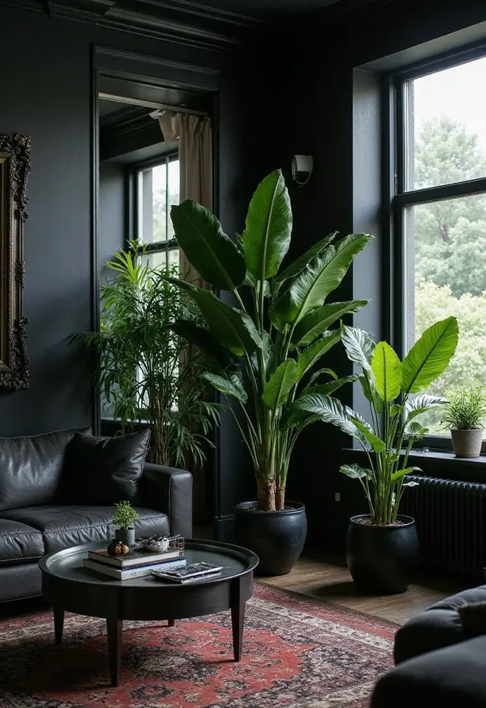 27 Goth Living Room Ideas That Feel Dark and Stylish - 15. Dark Greenery