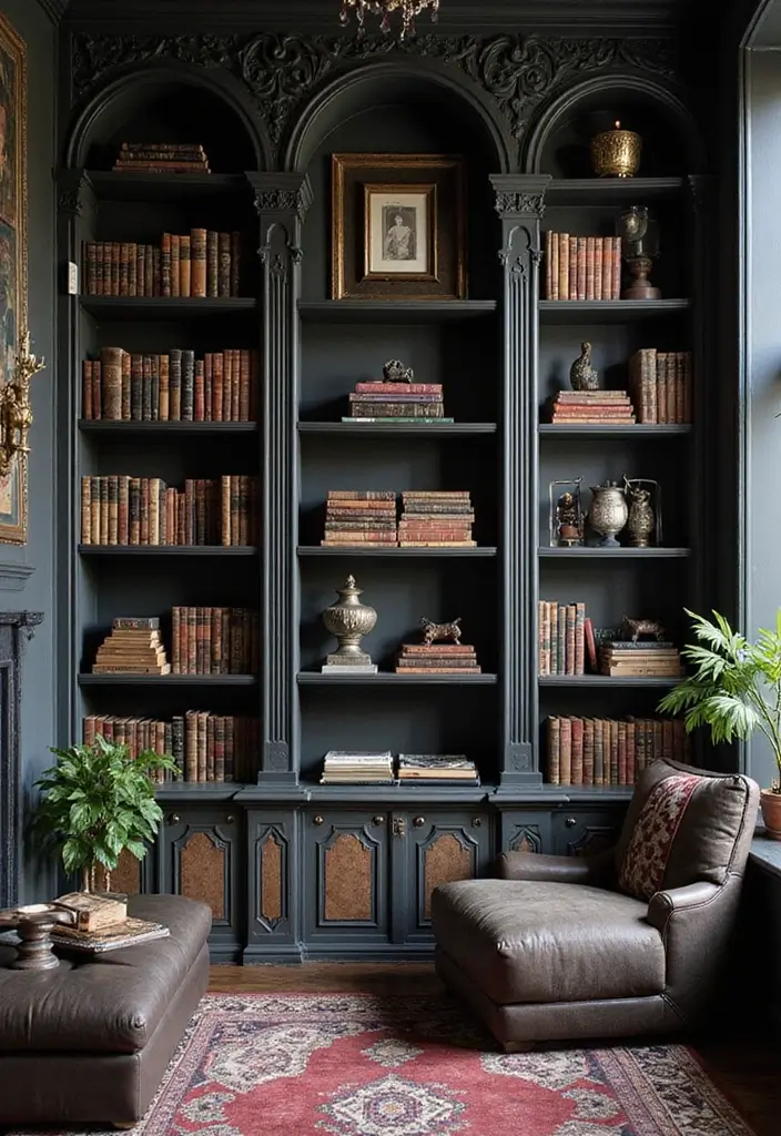 27 Goth Living Room Ideas That Feel Dark and Stylish - 18. Unique Bookshelves