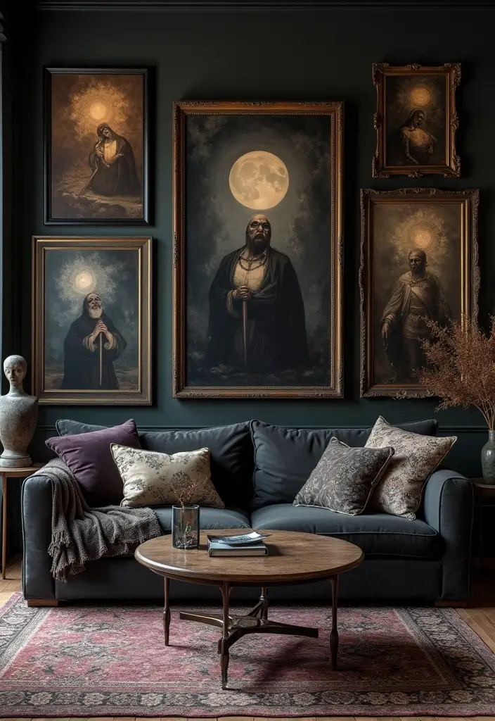 27 Goth Living Room Ideas That Feel Dark and Stylish - 19. Dark Artwork