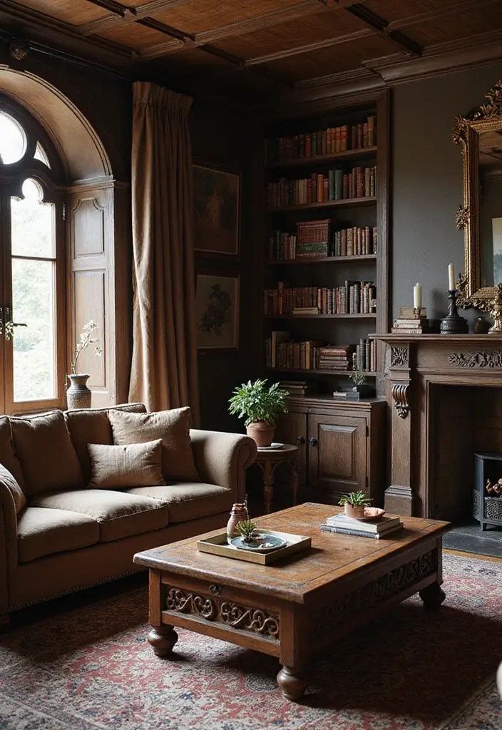 27 Goth Living Room Ideas That Feel Dark and Stylish - 6. Dark Wood Accents