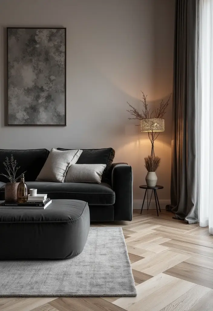 27 Grey Wood Floors Living Room Ideas That Feel Neutral and Polished - 10. Chic Contrast with Black