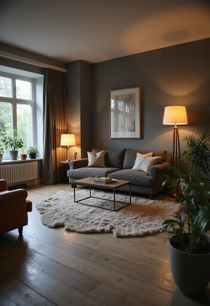 27 Grey Wood Floors Living Room Ideas That Feel Neutral and Polished - 12. Layered Lighting