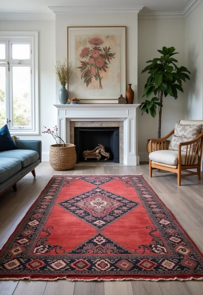 27 Grey Wood Floors Living Room Ideas That Feel Neutral and Polished - 16. Bold Area Rugs