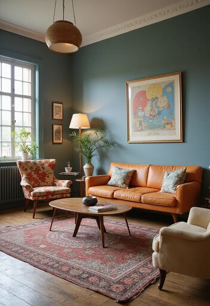 27 Grey Wooden Flooring Living Room Ideas That Add Depth and Texture - 10. Retro Revival