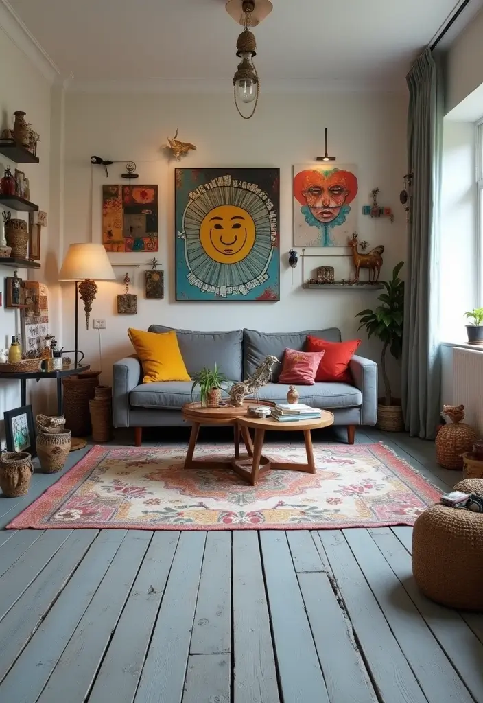 27 Grey Wooden Flooring Living Room Ideas That Add Depth and Texture - 12. Artistic Expression