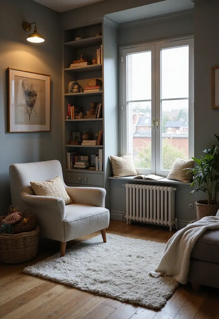 27 Grey Wooden Flooring Living Room Ideas That Add Depth and Texture - 26. Cozy Reading Nook