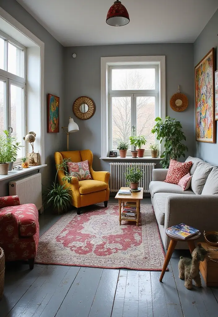 27 Grey Wooden Flooring Living Room Ideas That Add Depth and Texture - 7. Eclectic Mix