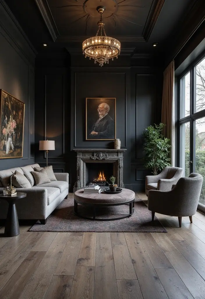 27 Grey Wooden Flooring Living Room Ideas That Add Depth and Texture - 8. High Contrast Elegance