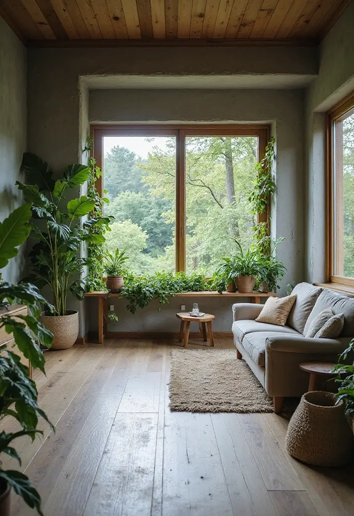 27 Grey Wooden Flooring Living Room Ideas That Add Depth and Texture - 9. Nature-Inspired Retreat