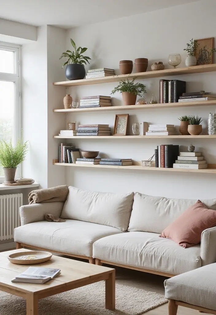 27 Korean Living Room Ideas That Feel Minimal and Serene - 9. Open Shelving