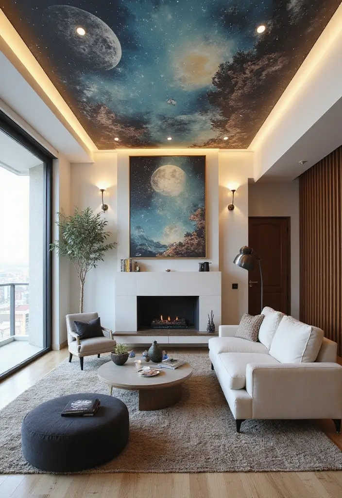 27 Living Room Ceiling Design Modern Ideas That Feel Sleek and Stylish - 13. Artistic Ceiling Murals