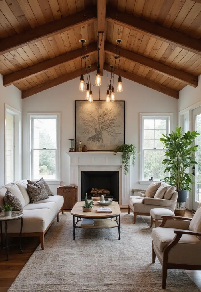 27 Living Room Ceiling Design Modern Ideas That Feel Sleek and Stylish - 2. Wood Beamed Ceiling