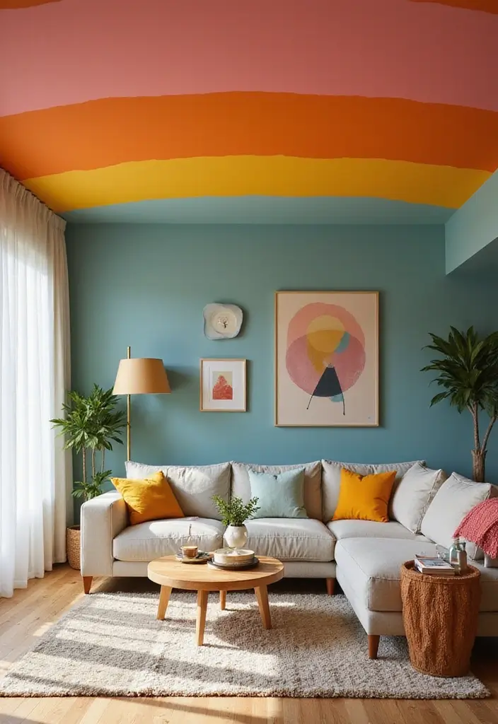 27 Living Room Ceiling Design Modern Ideas That Feel Sleek and Stylish - 5. Color-Blocked Ceilings