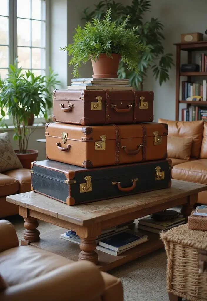 27 Living Room Centerpiece Ideas That Anchor the Space - 10. Vintage Suitcases as Decor