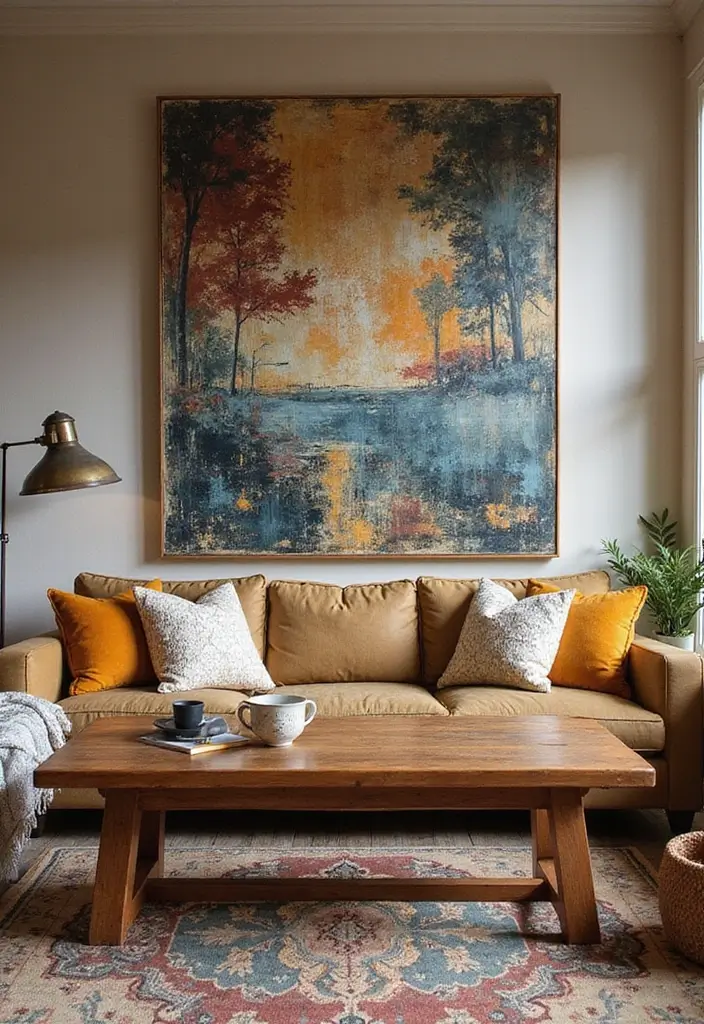 27 Living Room Centerpiece Ideas That Anchor the Space - 14. Bohemian Wall Art as Centerpiece