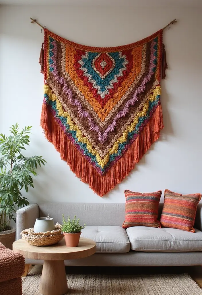 27 Living Room Centerpiece Ideas That Anchor the Space - 17. Colorful Wall Hanging as a Centerpiece