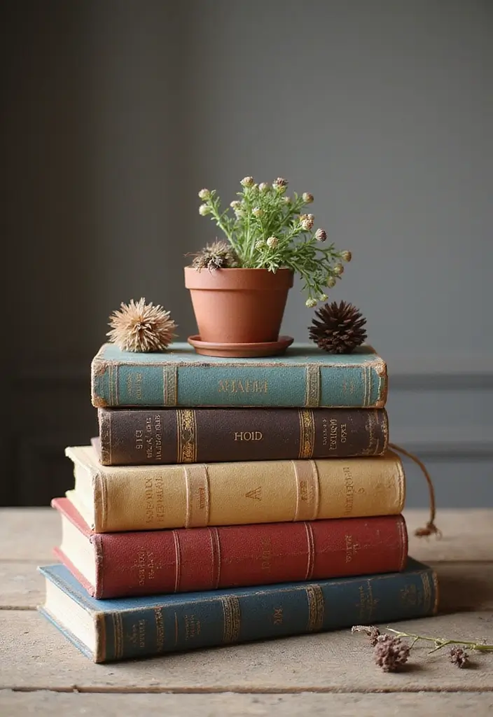 27 Living Room Centerpiece Ideas That Anchor the Space - 2. Vintage Books Stacked with Greenery