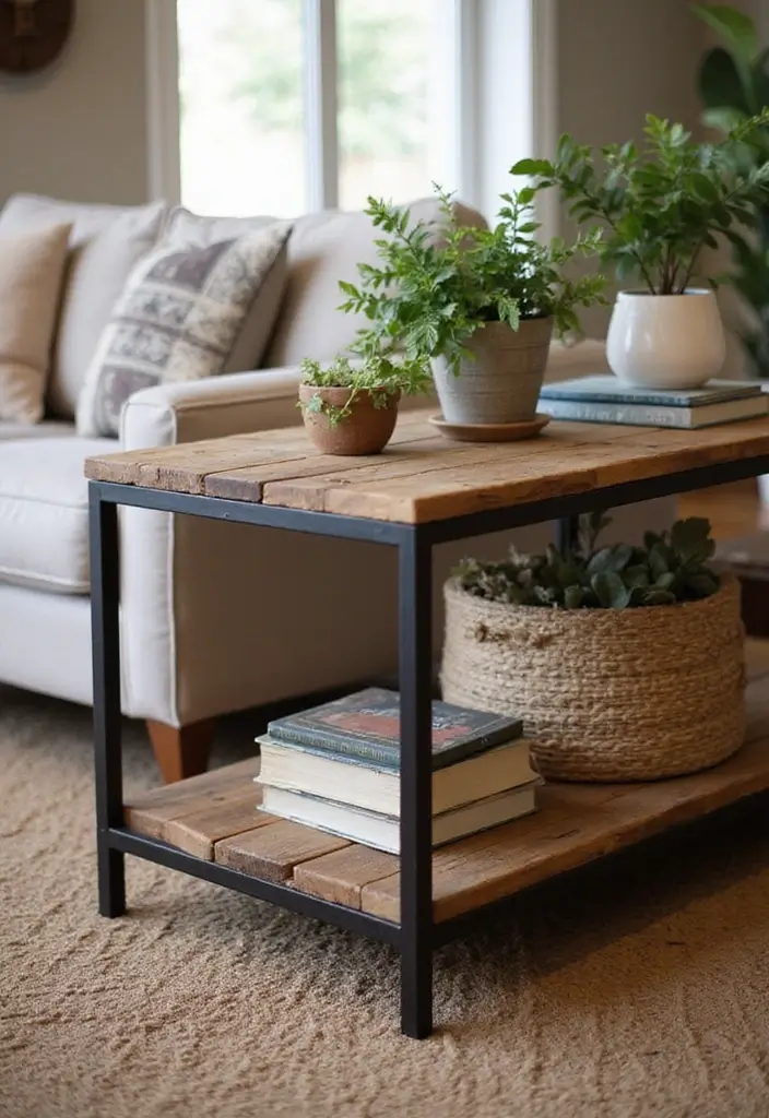 27 Living Room Centerpiece Ideas That Anchor the Space - 23. Rustic Wood and Metal Accent Table