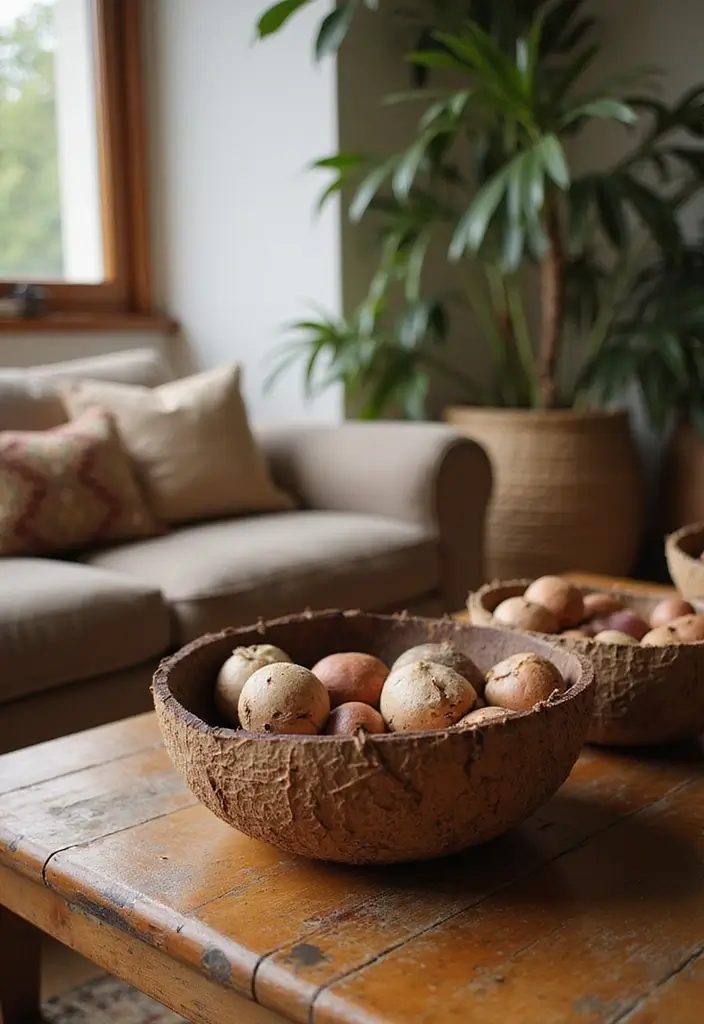 27 Living Room Centerpiece Ideas That Anchor the Space - 24. Coconut Shell Bowls as Centerpieces