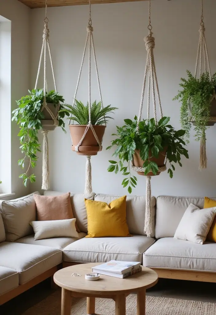 27 Living Room Centerpiece Ideas That Anchor the Space - 3. Macrame Plant Hanger Display
