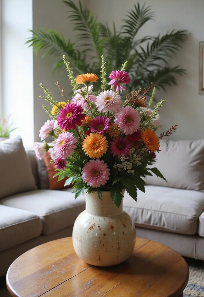 27 Living Room Centerpiece Ideas That Anchor the Space - 6. Tall Floral Arrangement in a Unique Vase