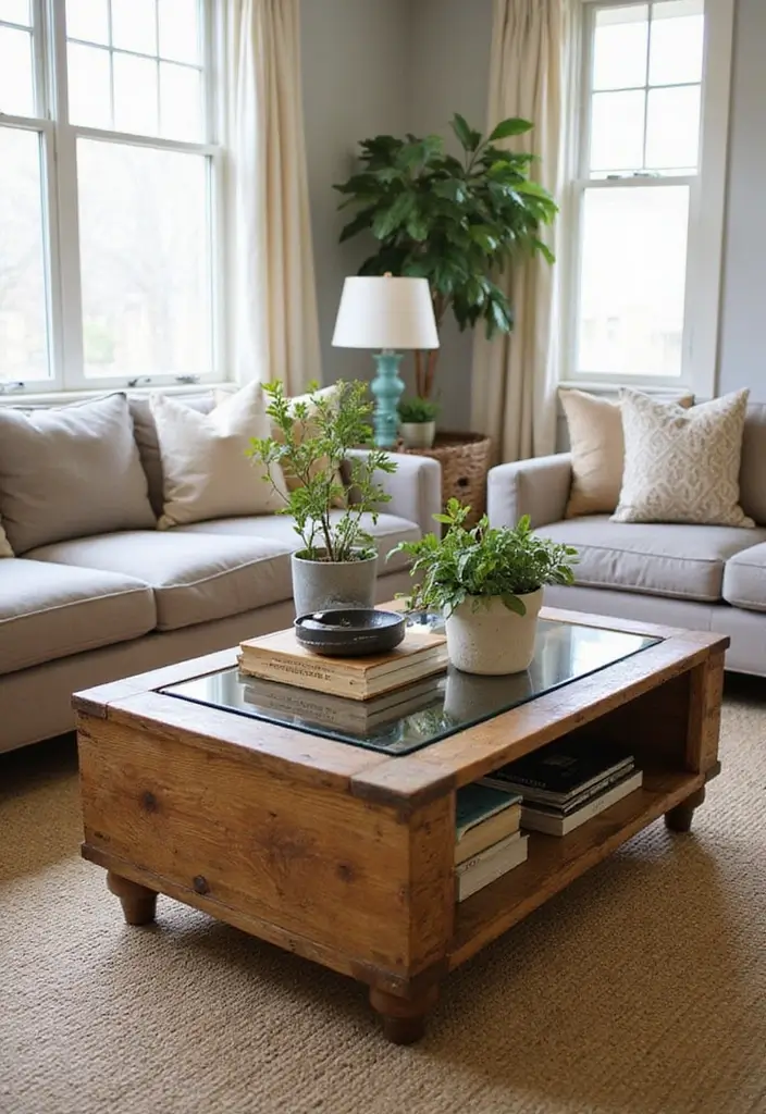27 Living Room Centerpiece Ideas That Anchor the Space - 8. Upcycled Wooden Crate Coffee Table