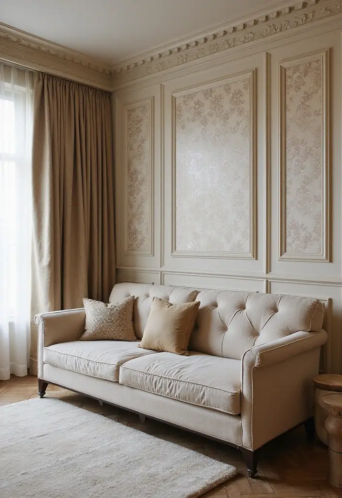 27 Living Room Classic Luxury Ideas That Feel Elegant and High End - 15. Elegant Wall Treatments