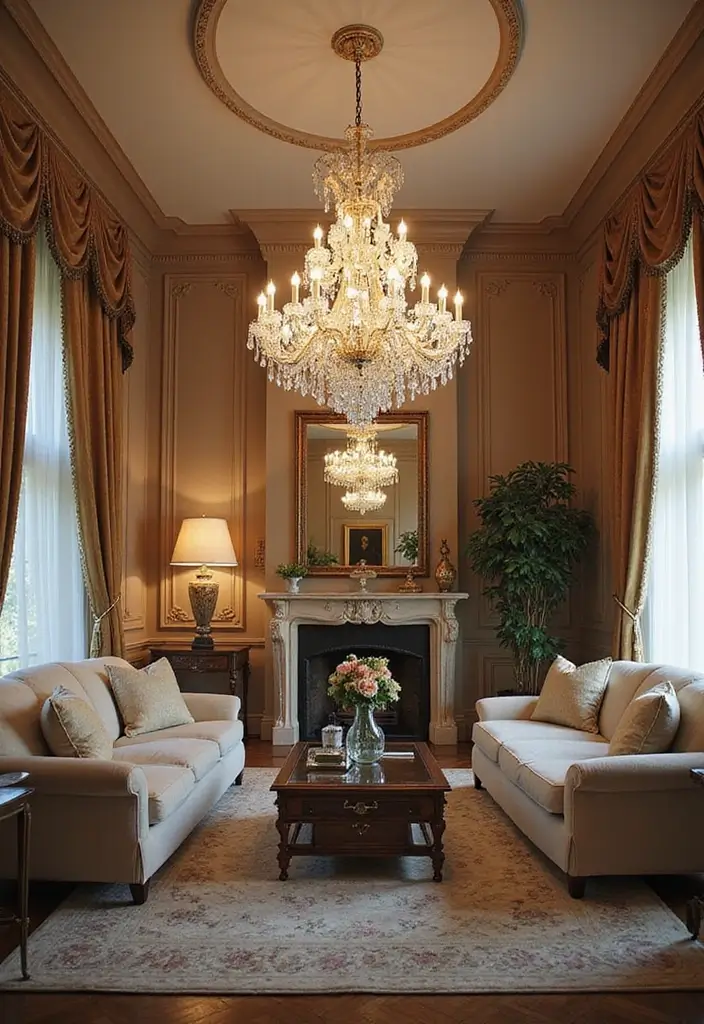 27 Living Room Classic Luxury Ideas That Feel Elegant and High End - 2. Timeless Crystal Chandeliers