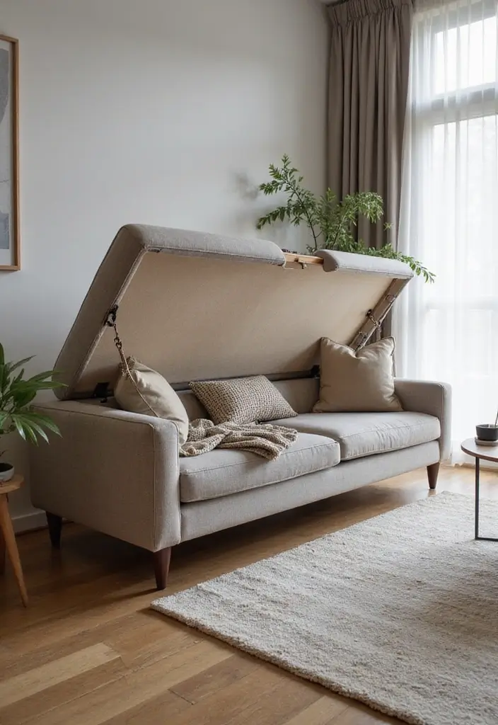 27 Living Room Sofa Design Small Spaces That Save Space Beautifully - 3. Sofa with Built-In Storage