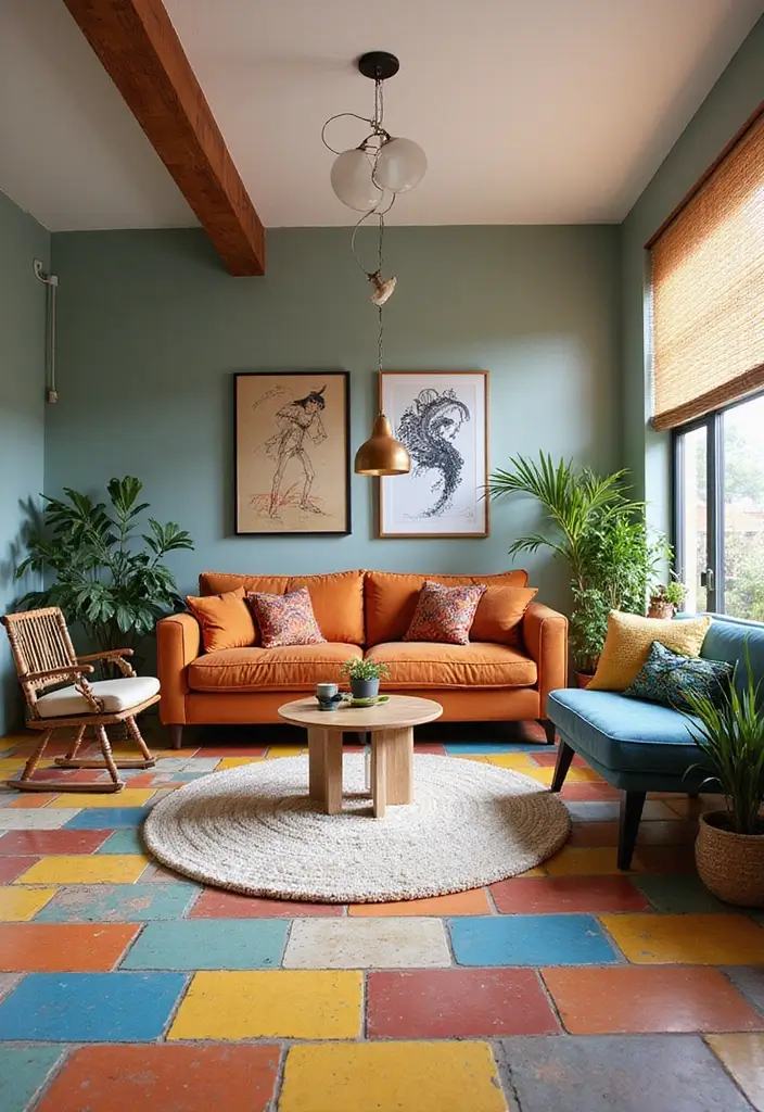 27 Living Room Tile Floor Ideas That Feel Sleek and Durable - 24. Bold Color Tiles