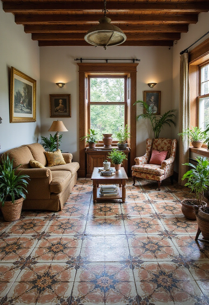27 Living Room Tile Floor Ideas That Feel Sleek and Durable - 9. Vintage Ceramic Tiles