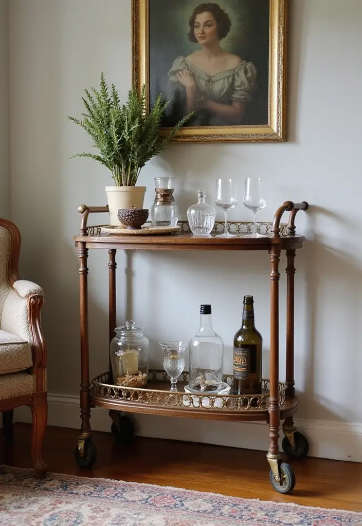 27 Living Room Vintage Ideas That Add Character and Charm - 13. Vintage Bar Carts