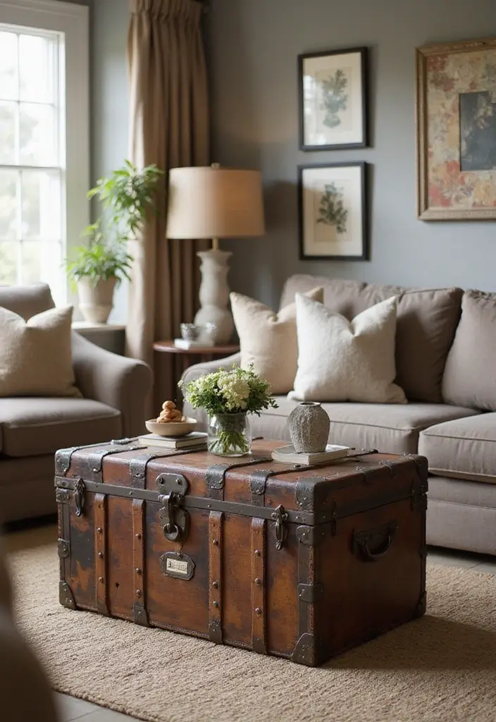 27 Living Room Vintage Ideas That Add Character and Charm - 16. Vintage Trunks and Suitcases