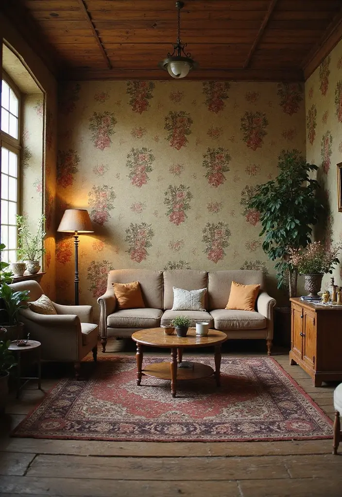 27 Living Room Vintage Ideas That Add Character and Charm - 18. Vintage Wall Treatments