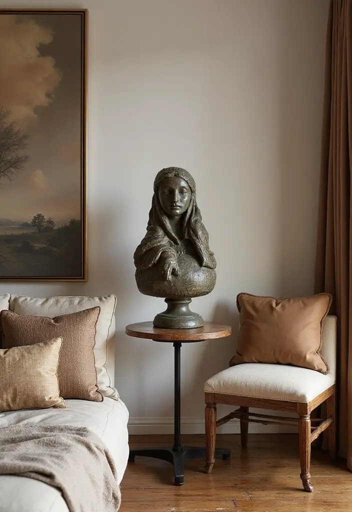 27 Living Room Vintage Ideas That Add Character and Charm - 19. Vintage Sculpture and Statues