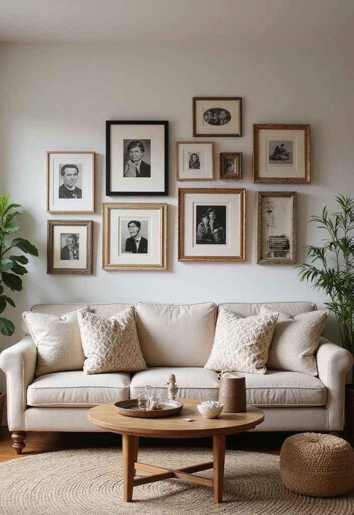 27 Living Room Vintage Ideas That Add Character and Charm - 24. Vintage Photo Frames
