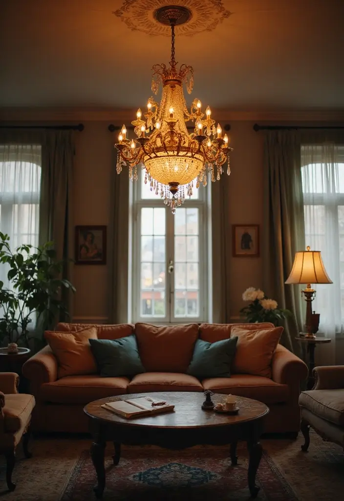 27 Living Room Vintage Ideas That Add Character and Charm - 7. Vintage Lighting Fixtures