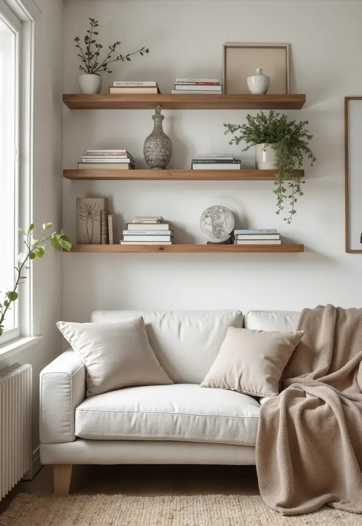 27 Small Cozy Living Room Ideas That Feel Warm and Welcoming - 13. Simple Shelving Solutions