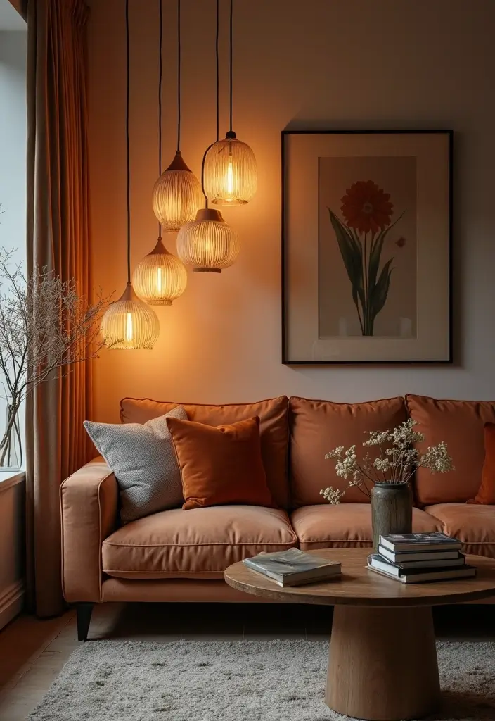 27 Small Cozy Living Room Ideas That Feel Warm and Welcoming - 17. Artful Lighting Fixtures