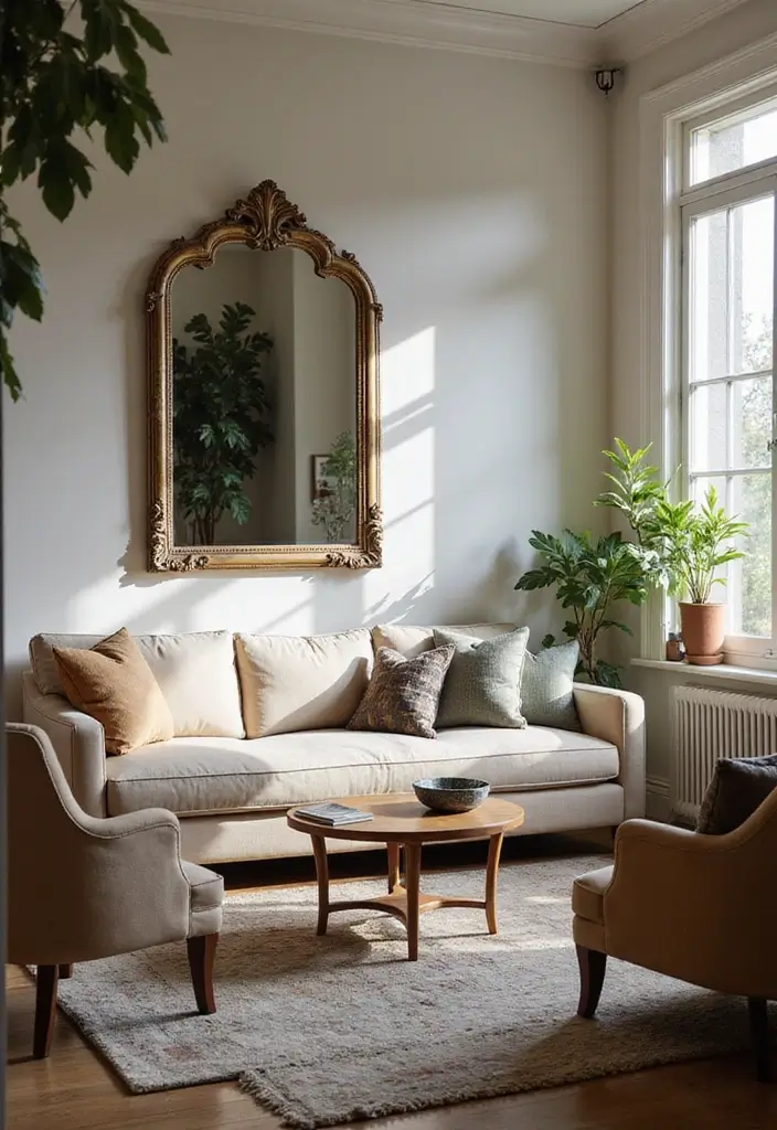27 Small Cozy Living Room Ideas That Feel Warm and Welcoming - 3. Mirrors to Reflect Light